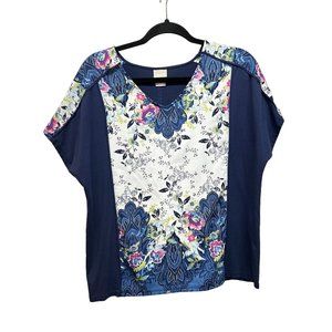 Chico's Size 2 Navy Blue Floral Top‎ Large